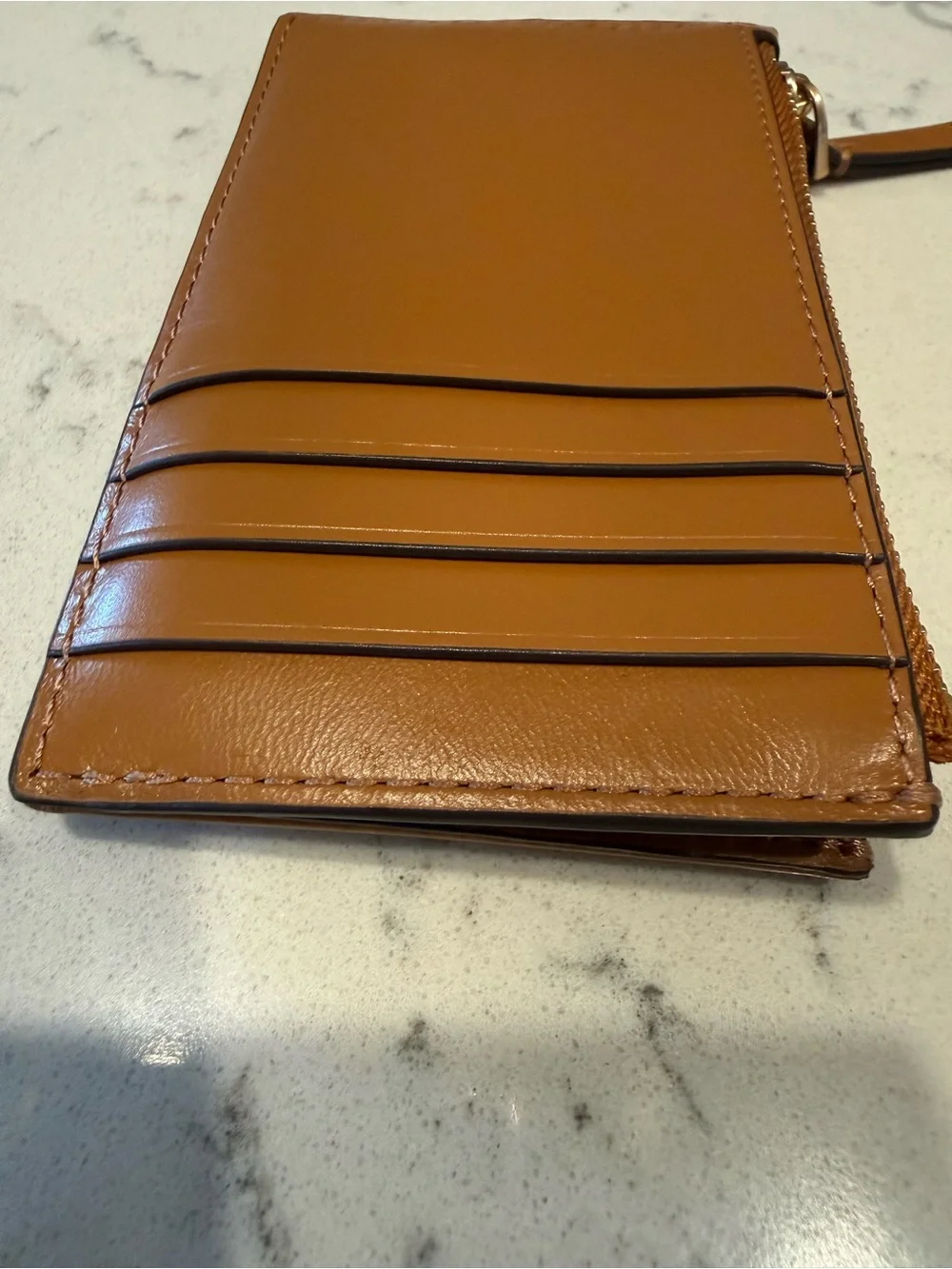 Tory Burch Caramel Quilted Leather Zip Card Holder with Gold Logo